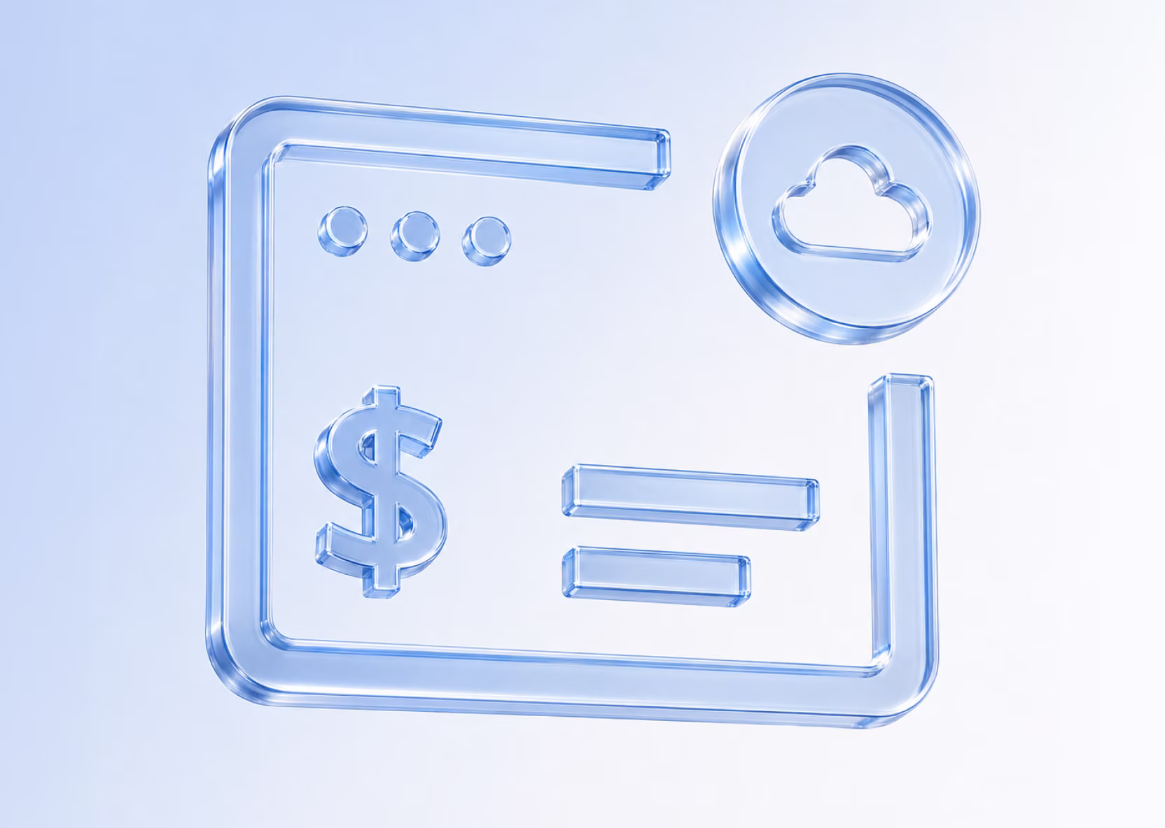 A glass browser window with a dollar sign and a cloud icon, representing static hosting costs moving to cloud storage