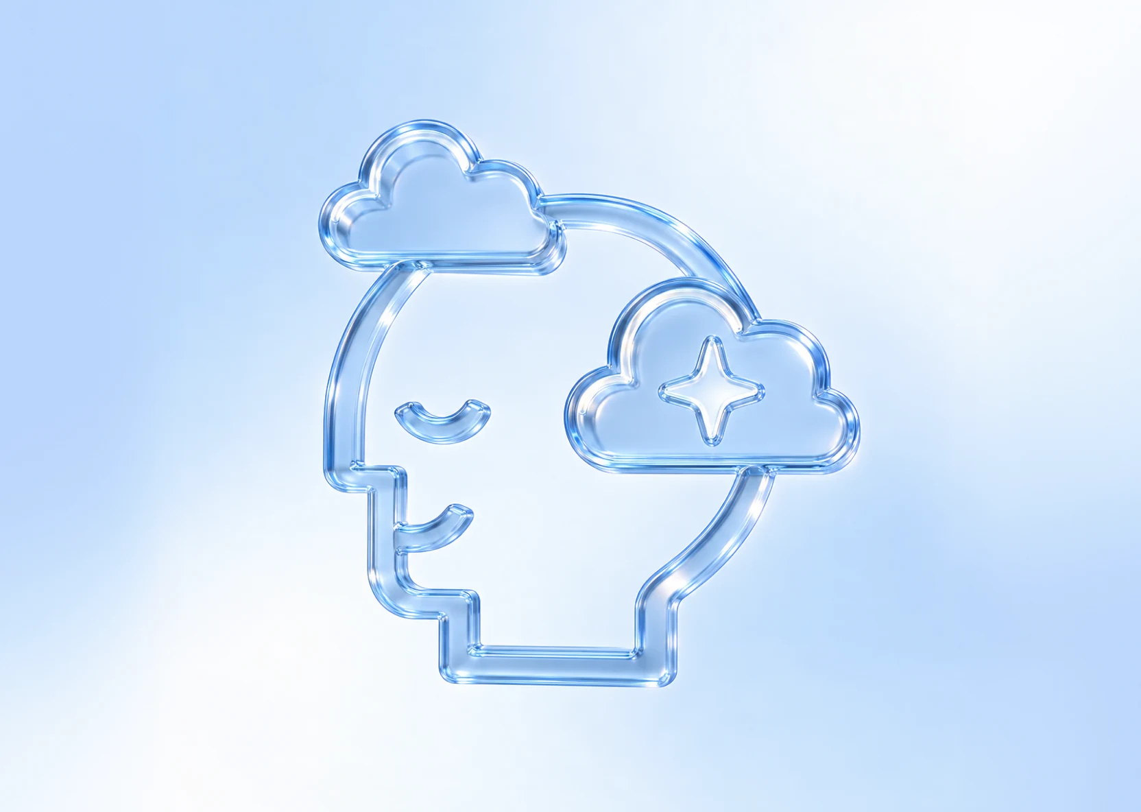 A glass head silhouette with clouds and a sparkle, standing for AI that runs in the cloud