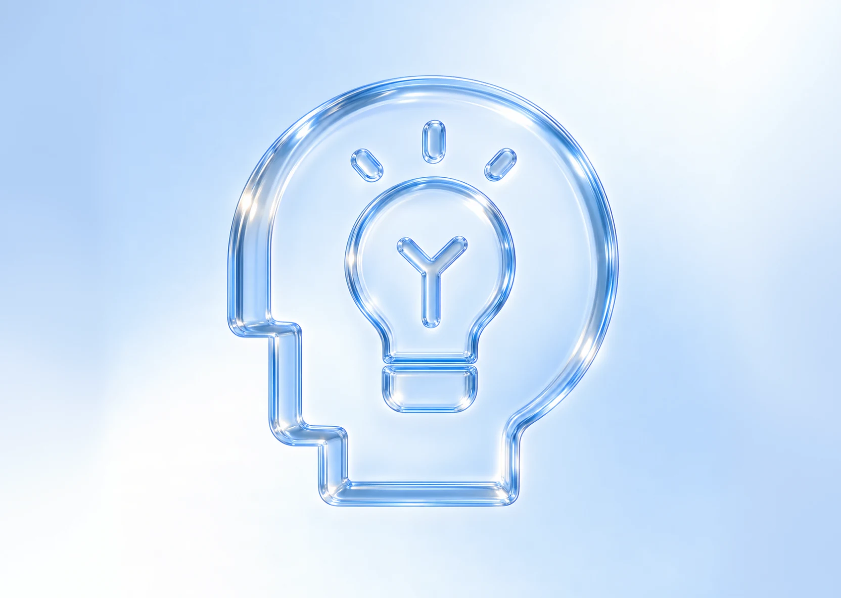 A glass head silhouette with a glowing lightbulb inside, standing for the core idea a product is built around