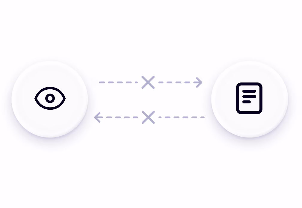 An eye and a document icon linked by crossed arrows, showing a broken connection